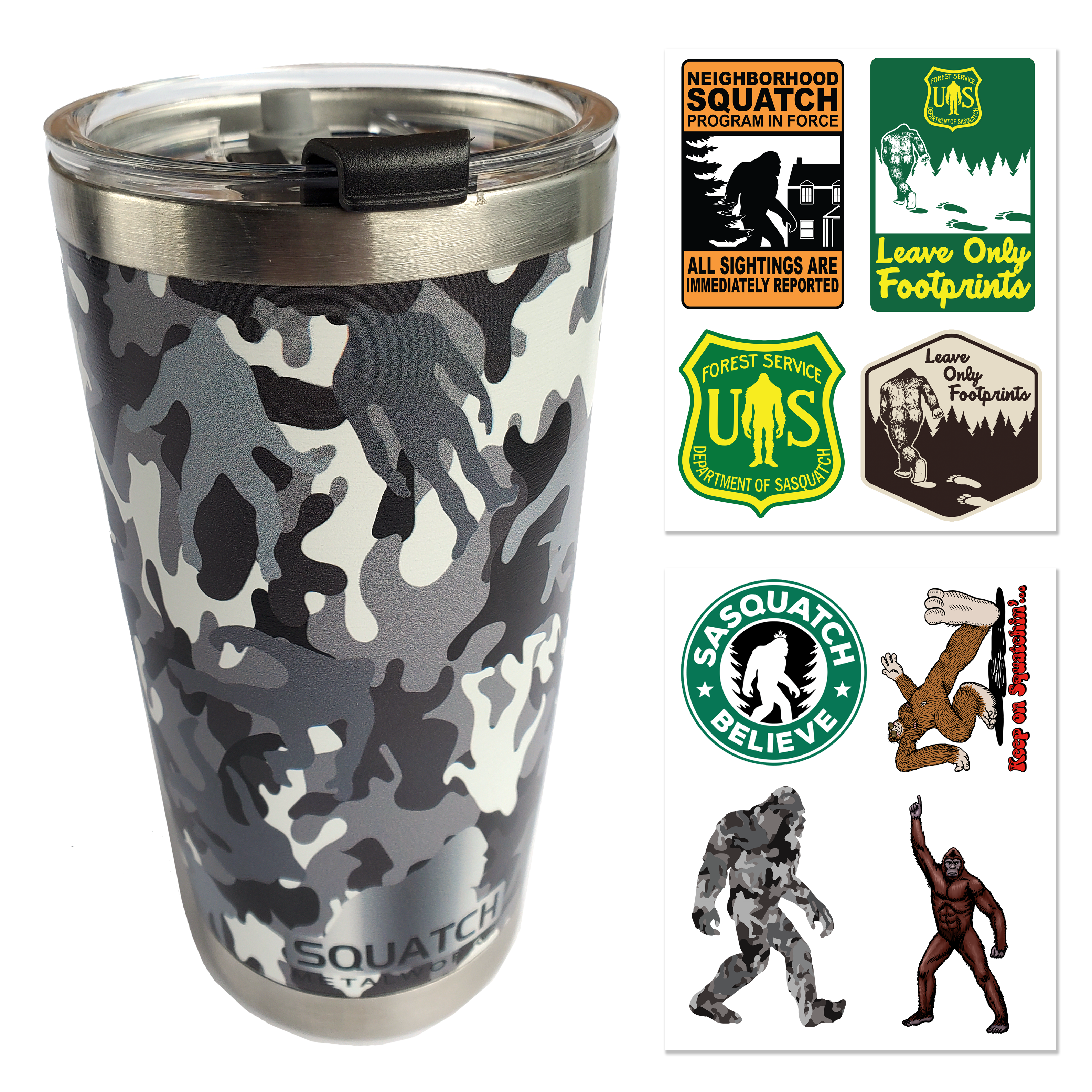 Squatch Metalworks Winter Camo Bigfoot/Sasquatch Tumbler - Stainless Steel 20 oz Reusable Insulated Travel Drinking Mug with Lid - Perfect for Hot