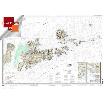 Small Format HISTORICAL NOAA Chart 16471: Atka Pass to Adak Strait;Three Arm Bay: Adak Island;Kanaga Bay: Kanaga Island;Chapel Roads and Chapel Cove: Adak Island