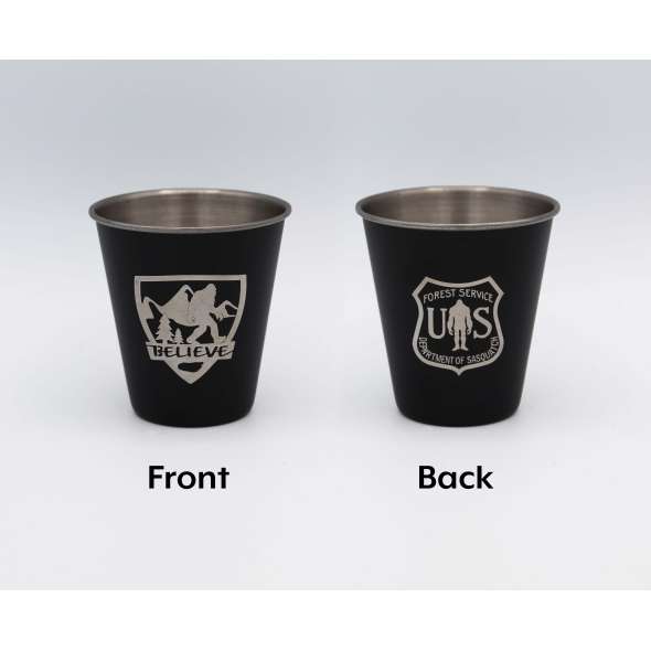 Bigfoot Believe Shield with USFS Department of Sasquatch - Stainless Steel Shot Glass - Paracay