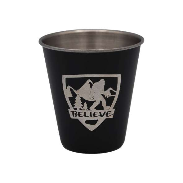 Bigfoot Believe Shield with USFS Department of Sasquatch - Stainless Steel Shot Glass - Paracay