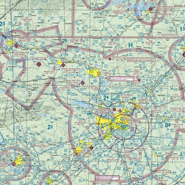 Close-up of the Arkansas sectional chart showing airports and airspace
