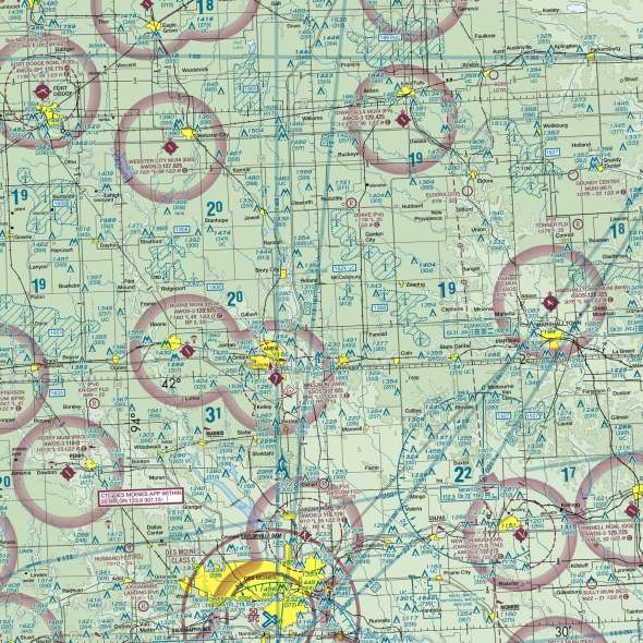 Close-up of the Iowa sectional chart showing airports and airspace