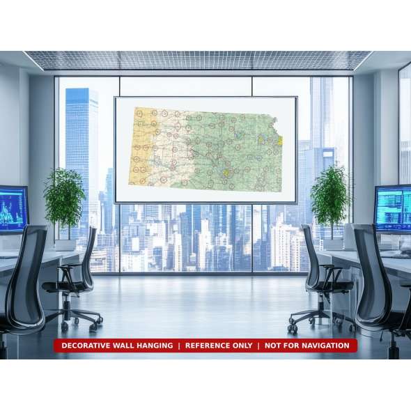 Kansas sectional chart wall map on an office wall
