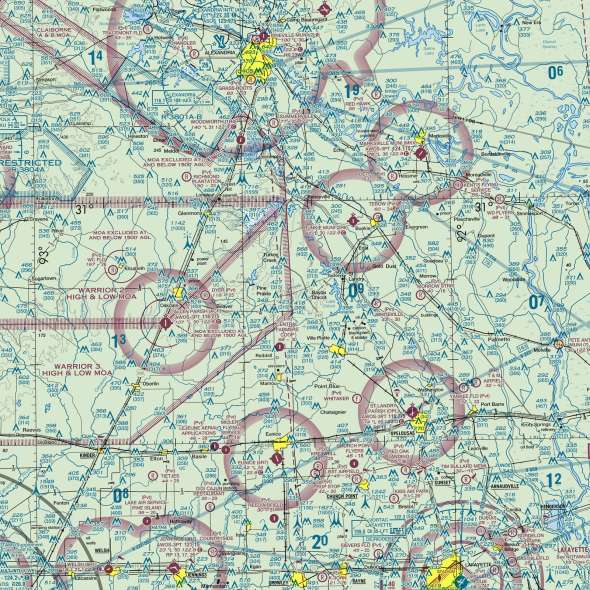 Close-up of the Louisiana sectional chart showing airports and airspace