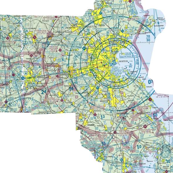 Close-up of the Massachusetts sectional chart showing airports and airspace