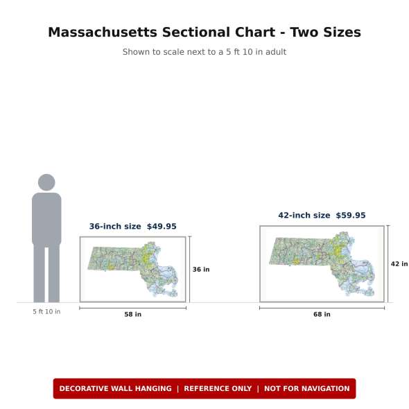 Massachusetts sectional chart wall map size comparison