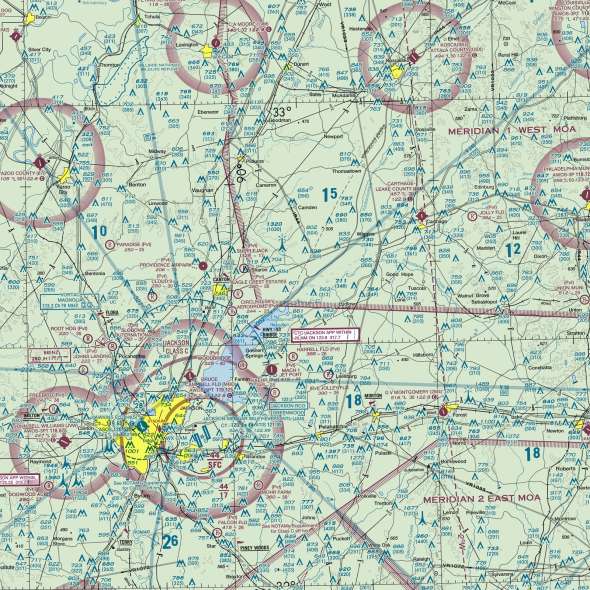 Close-up of the Mississippi sectional chart showing airports and airspace