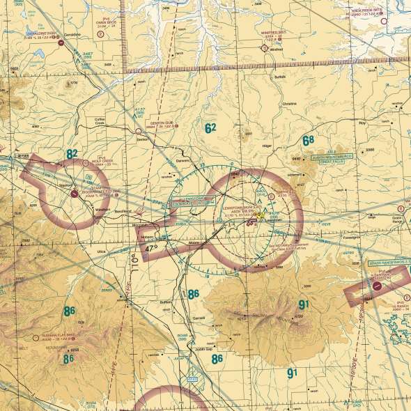 Close-up of the Montana sectional chart showing airports and airspace