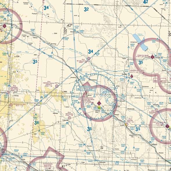 Close-up of the Nebraska sectional chart showing airports and airspace