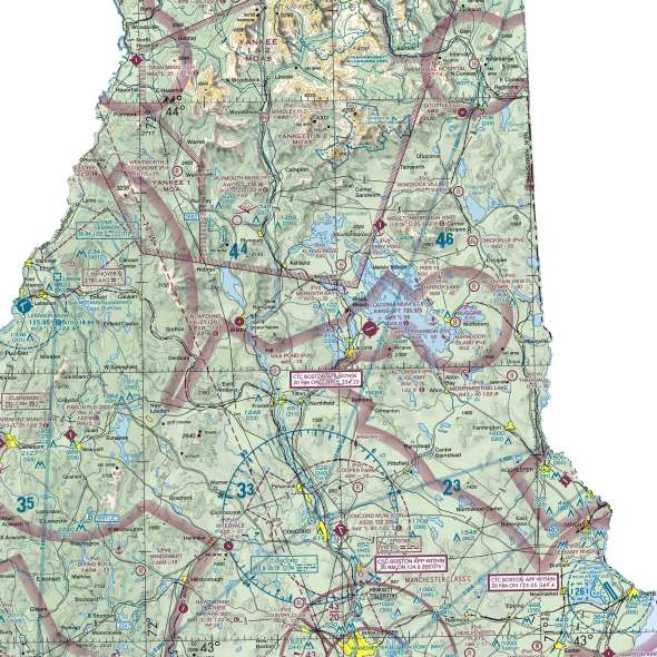 Close-up of the New Hampshire sectional chart showing airports and airspace