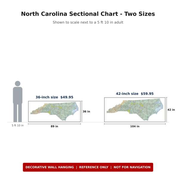 North Carolina sectional chart wall map size comparison