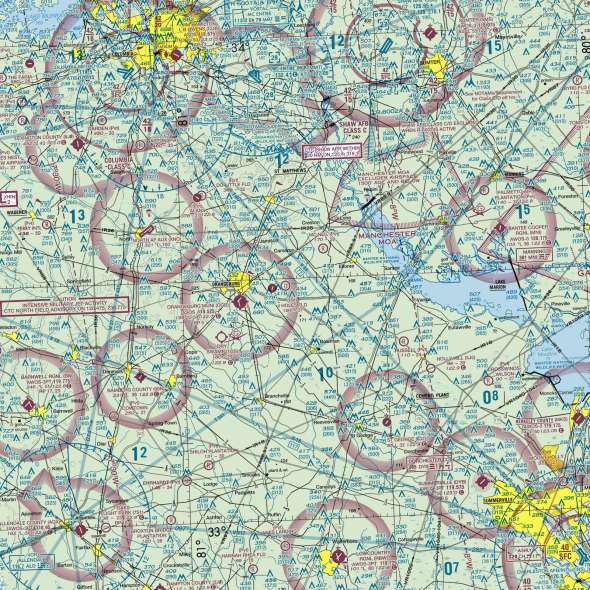 Close-up of the South Carolina sectional chart showing airports and airspace