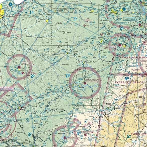 Close-up of the West Virginia sectional chart showing airports and airspace