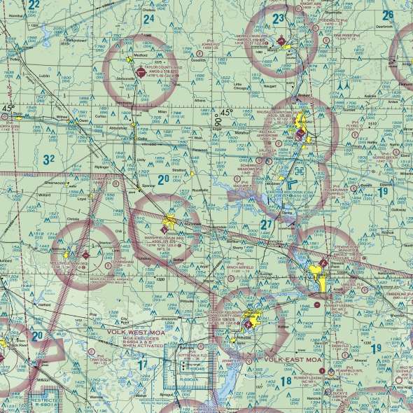 Close-up of the Wisconsin sectional chart showing airports and airspace